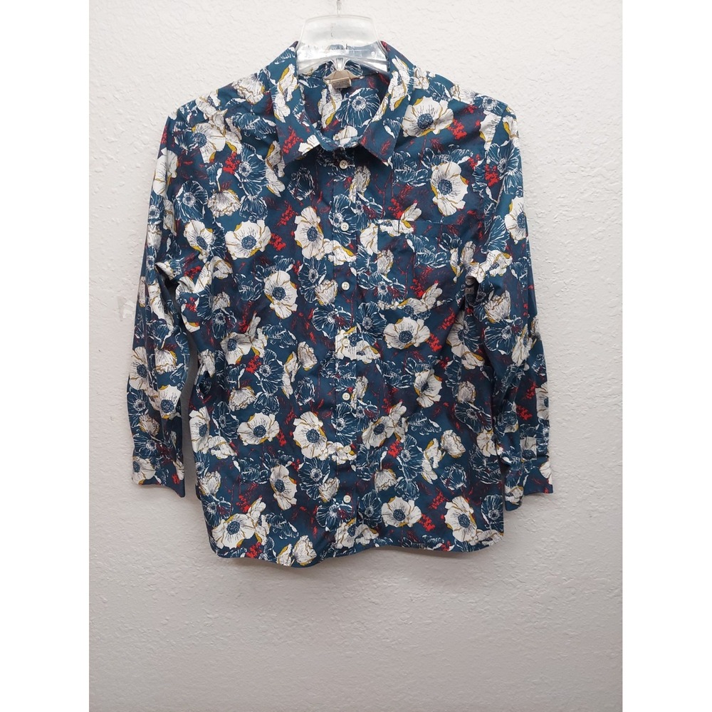 Duluth Floral Shirt Womens 1X Plus Blue Wrinkle Fighter Tunic Long Sleeve button